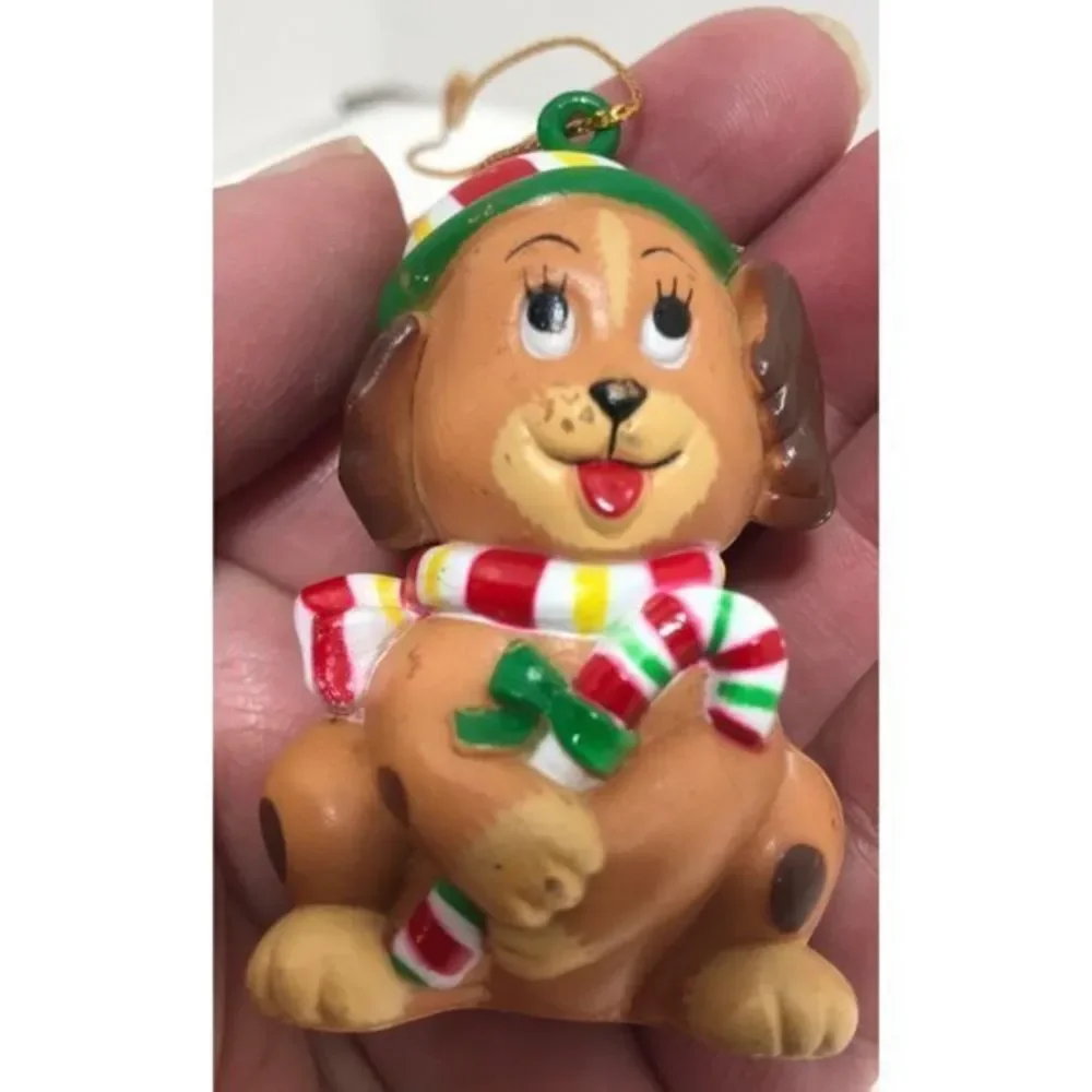 WA Puppy Dog Christmas Cuties ornament 1985‎ Vintage Hong Kong Candy Cane brown